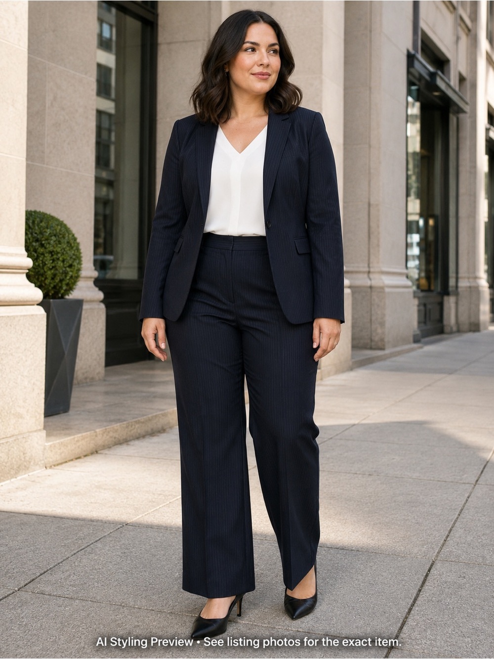 Evan Picone Women’s 16 Navy Pinstripe High Rise Straight Wide Leg Trousers no